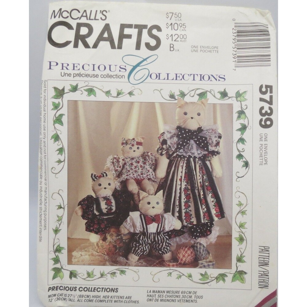 McCall's Crafts 5739 Family Cat Dolls Outfits Mom 27.5" Kitten 12" 1992 Vintage
